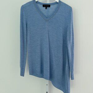ST. JOHN BLUE EMBELLISHED WOOL V-NECK ASYMMETRICAL KNIT SWEATER SIZE P